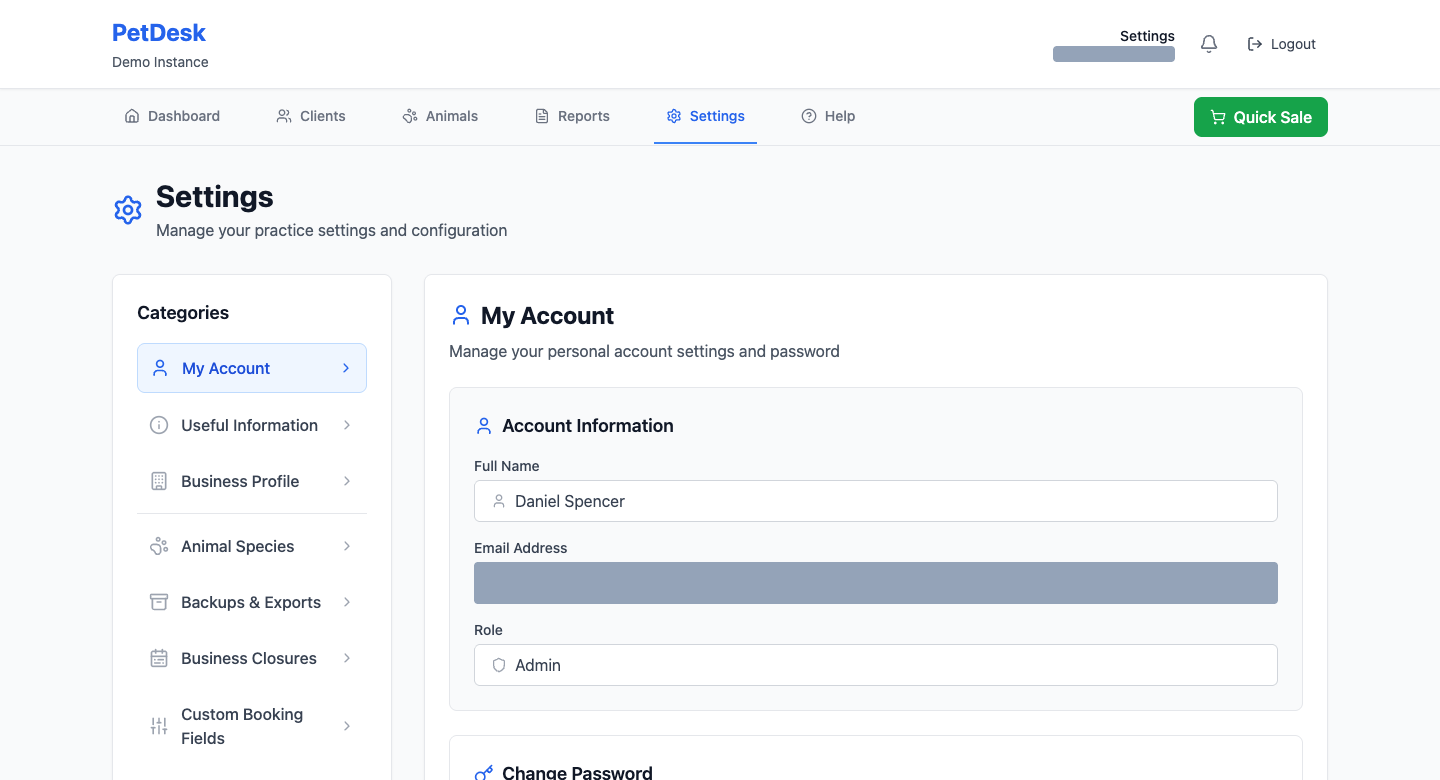 The My Account settings page showing account information and the change password section