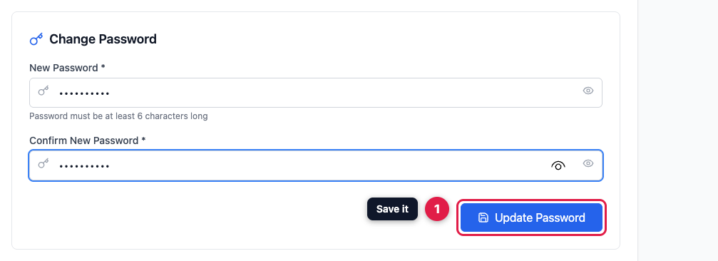 The change password box with new password and confirmation fields