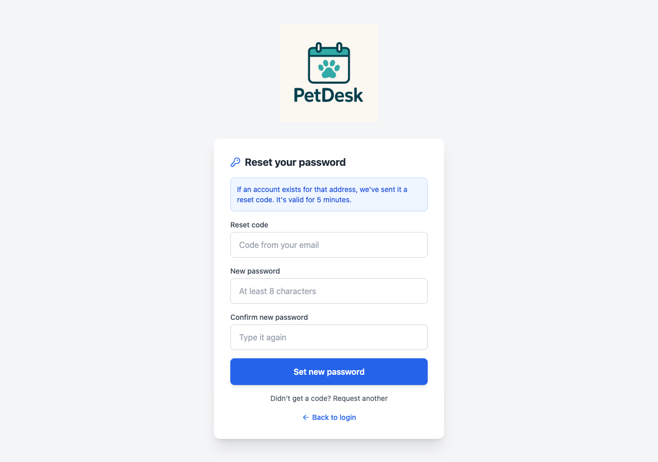 Entering the emailed reset code and choosing a new password