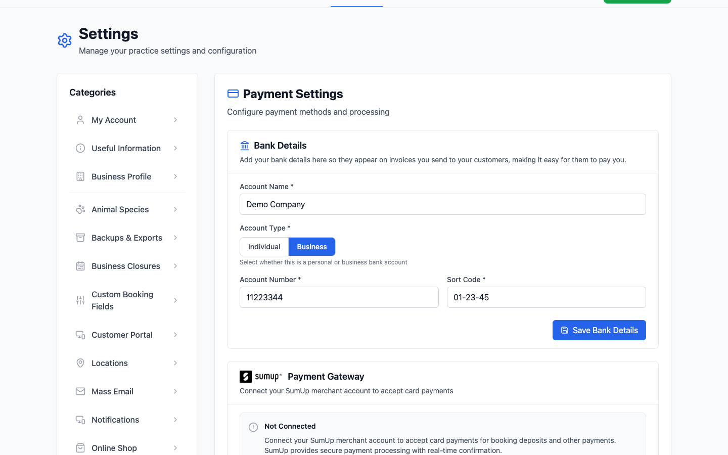 The Payment Settings page showing the bank details form and the SumUp payment gateway section