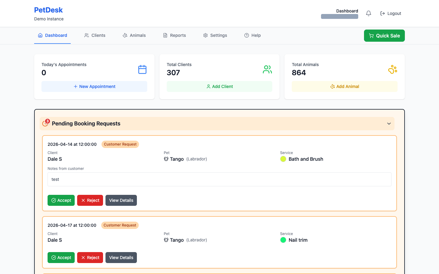 The dashboard with the Pending Booking Requests section expanded, showing each request with Accept, Reject and View Details buttons