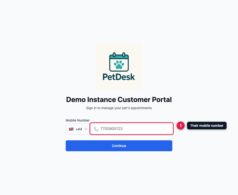 The customer portal sign-in screen asking for a mobile number