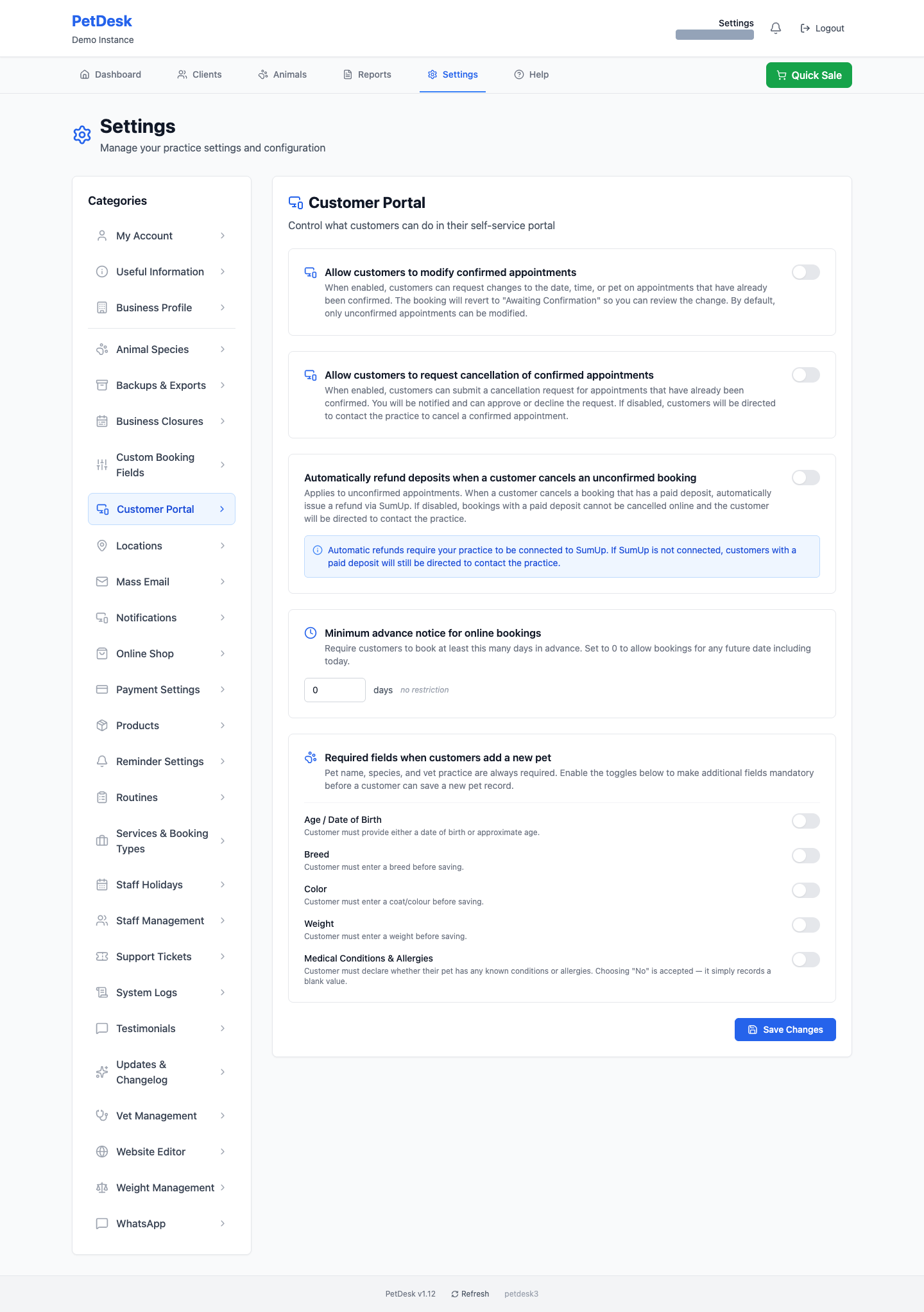 The Customer Portal settings page showing switches for modifying appointments, cancellation requests, automatic refunds, advance notice and required pet fields