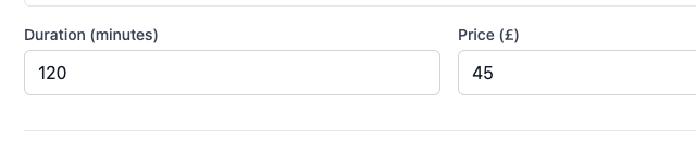 The duration and price fields on the booking form now showing 120 minutes and forty-five pounds