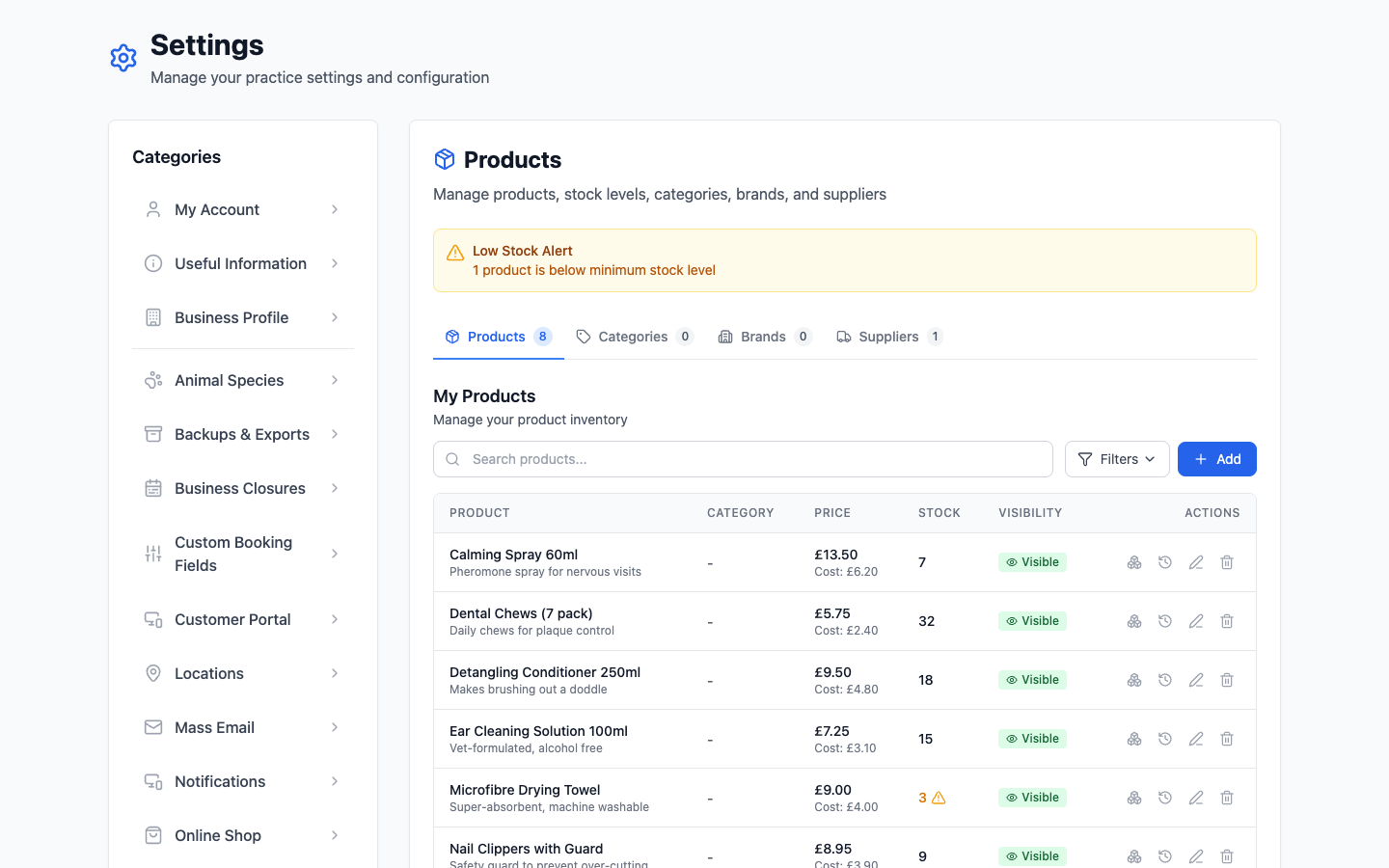The Products settings page with a low stock alert, tabs for Products, Categories, Brands and Suppliers, and a table of products showing price, cost, stock and visibility