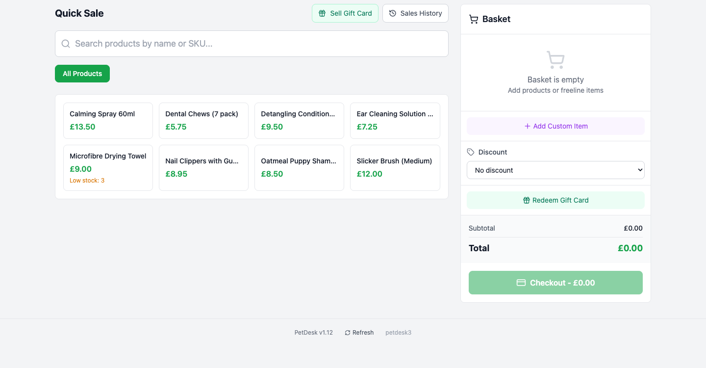 The Quick Sale screen with a grid of products on the left and the basket, discount and checkout on the right