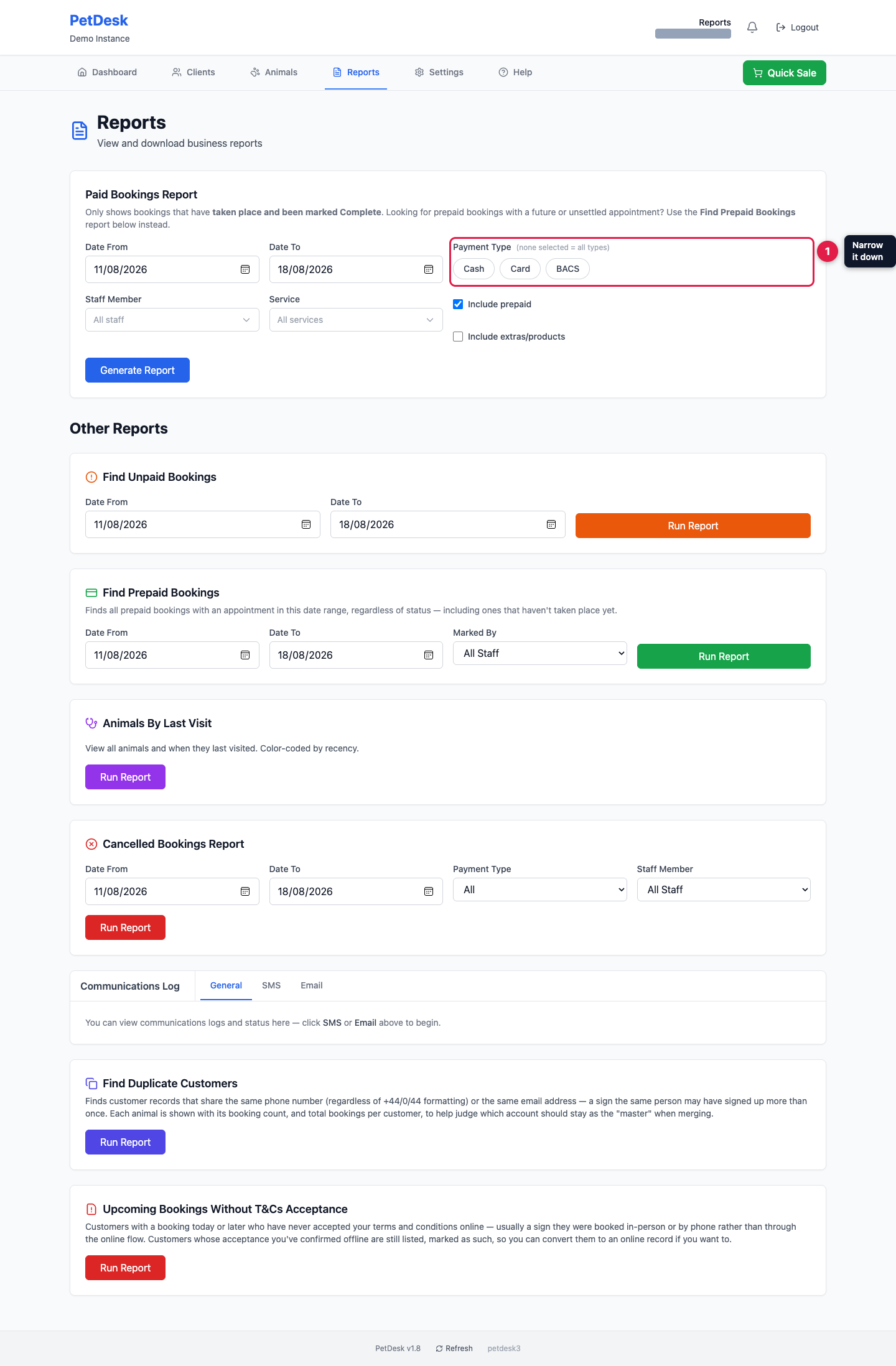 The Paid Bookings Report with date, payment type, staff and service filters