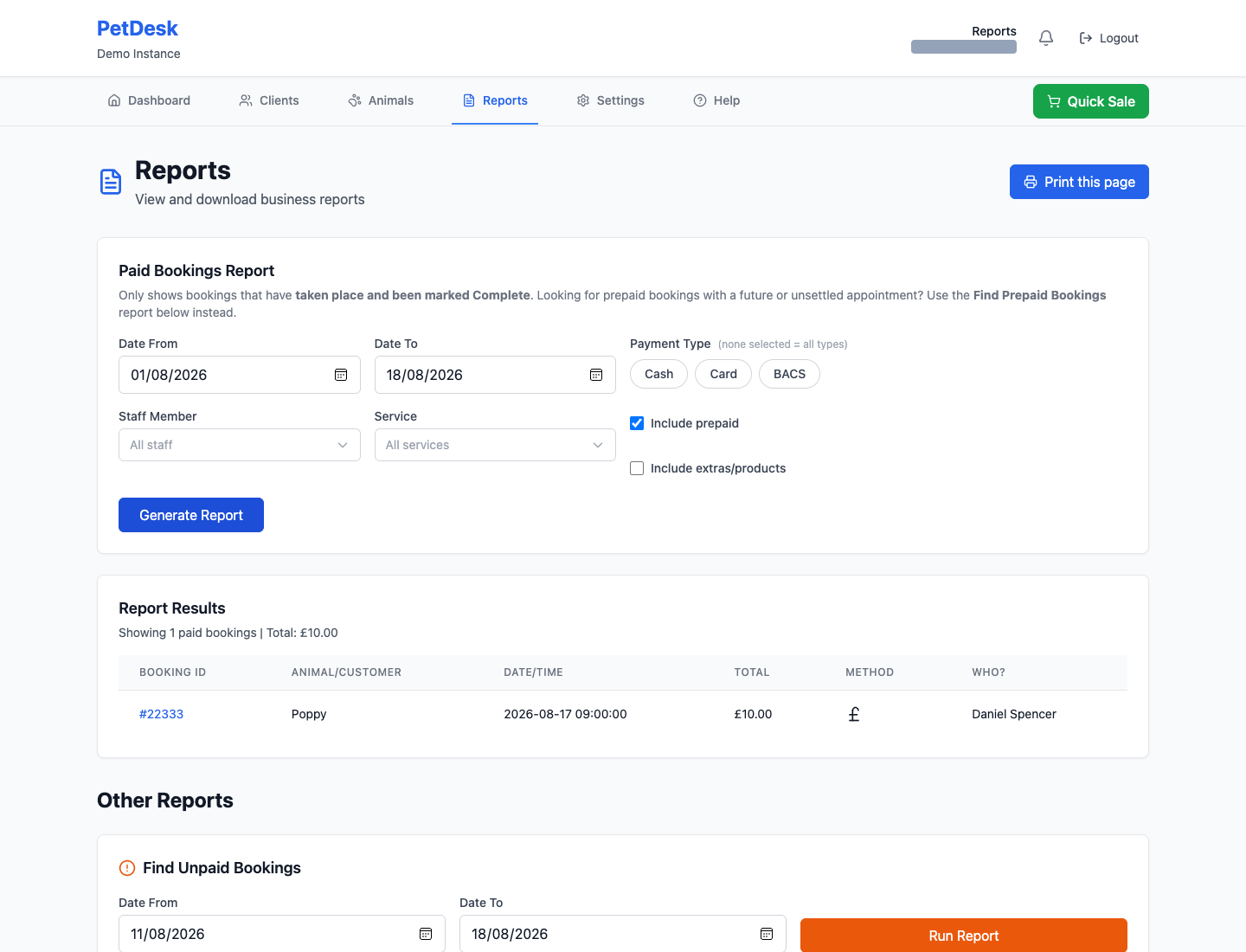 Report results showing a paid booking with its total and payment method