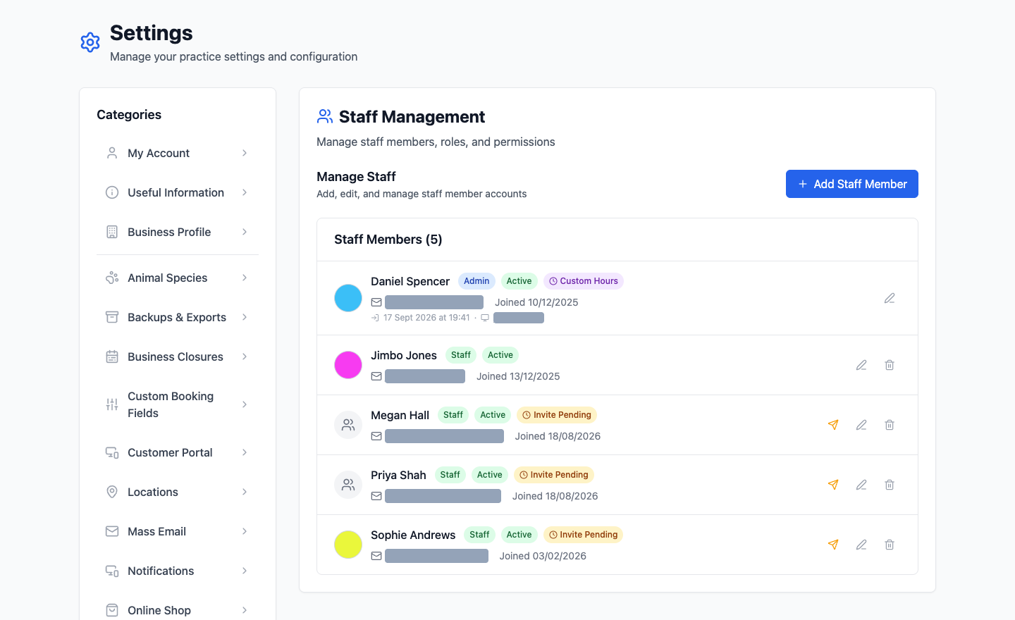 The Staff Management list showing each member with their role, status and colour