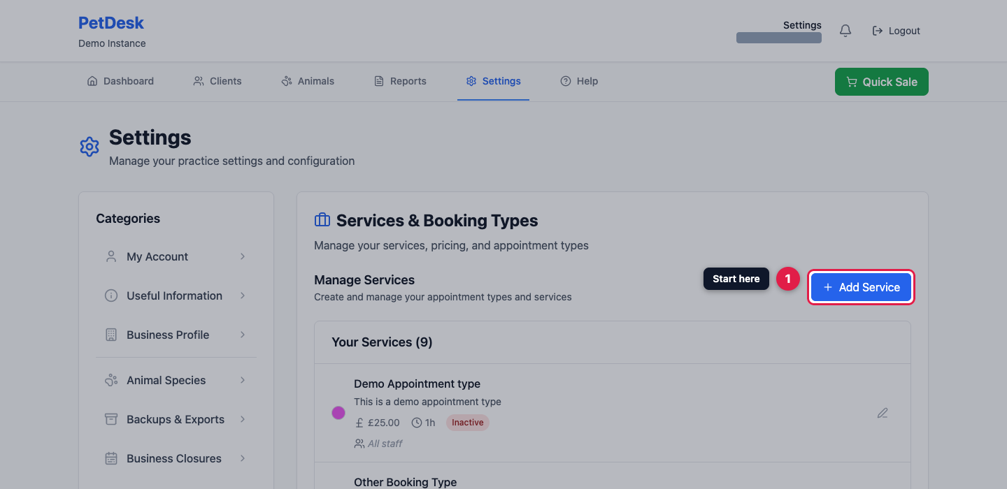 The Services and Booking Types settings page with the Add Service button highlighted