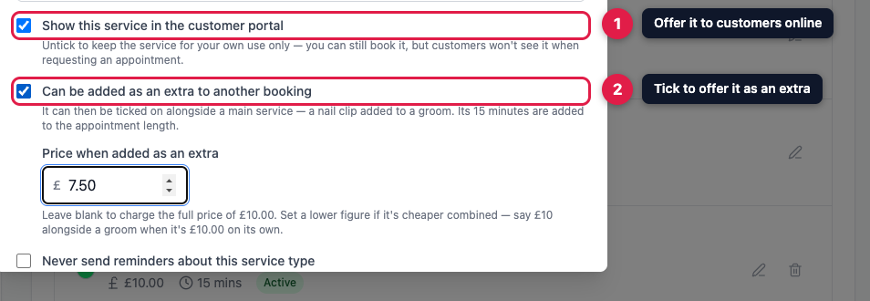The customer portal and extras checkboxes on a service, with a price when added as an extra field showing seven pounds fifty