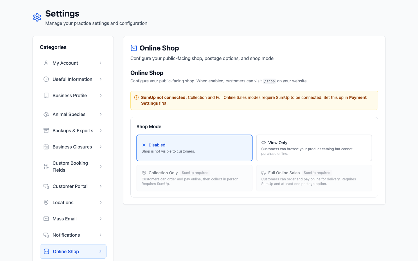 The Online Shop settings page showing the four shop modes: Disabled, View Only, Collection Only and Full Online Sales