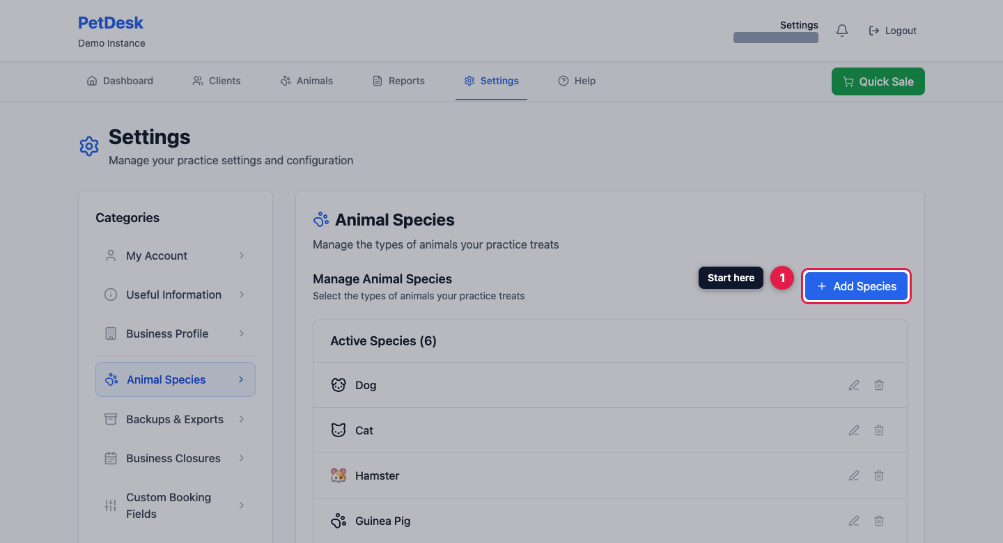 The Animal Species settings page with the Add Species button highlighted