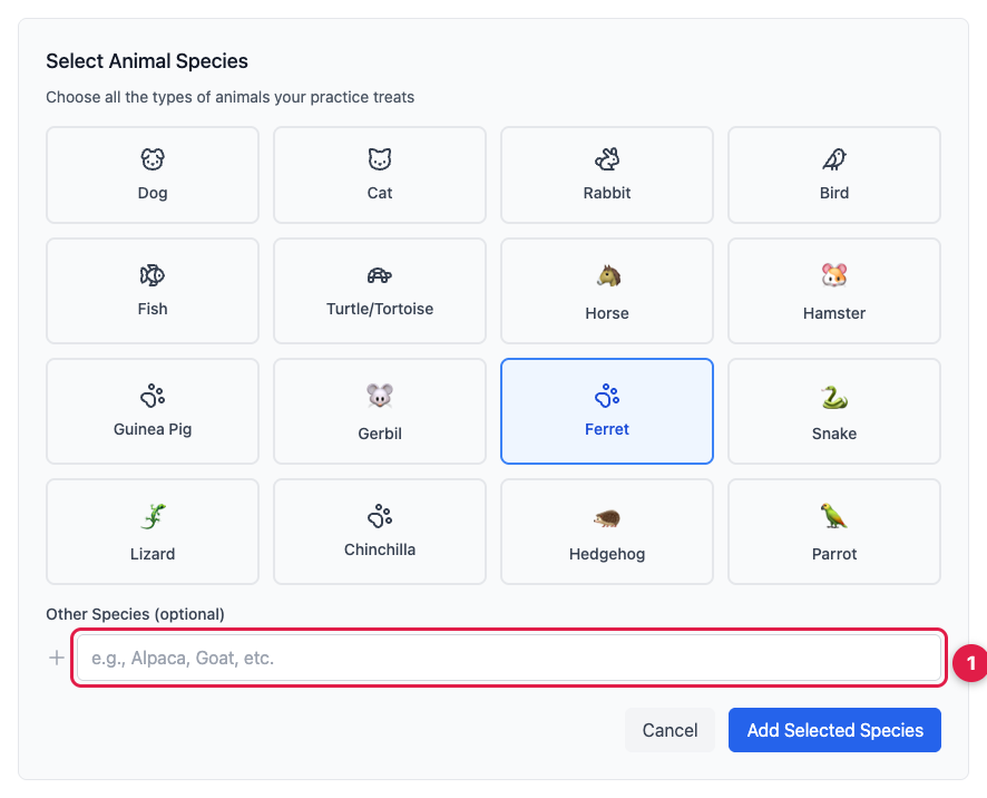 The species picker showing common animals and a field for adding your own