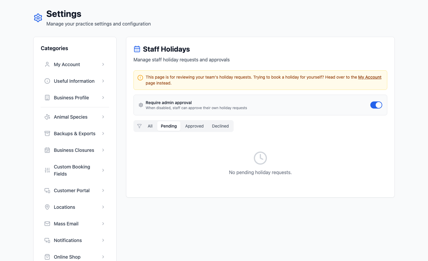 The Staff Holidays settings page showing the require admin approval switch and tabs for all, pending, approved and declined requests
