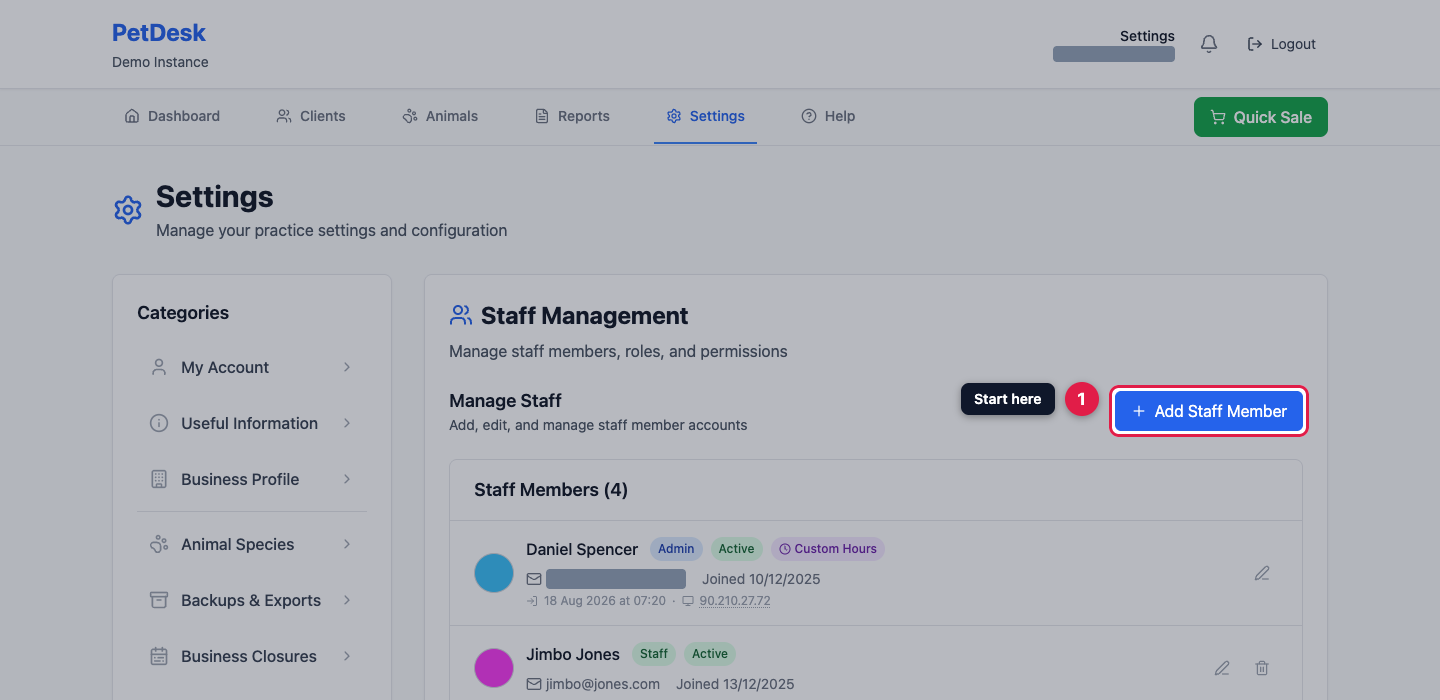 The Staff Management settings page with the Add Staff Member button highlighted