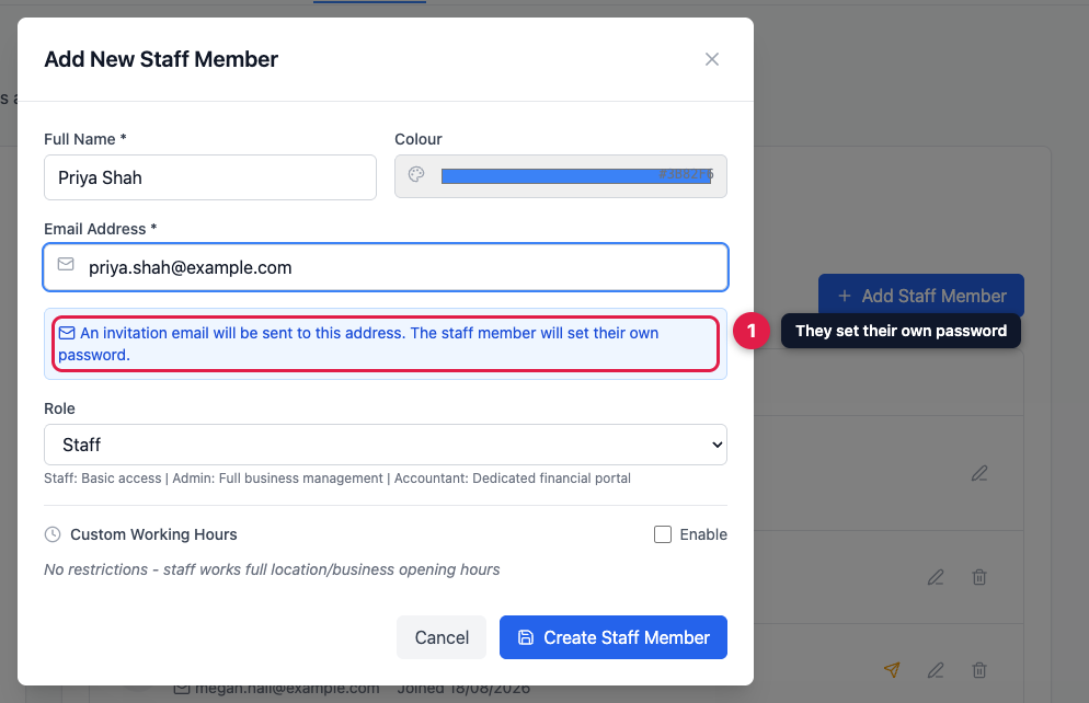 The Add New Staff Member window showing name, colour and email address