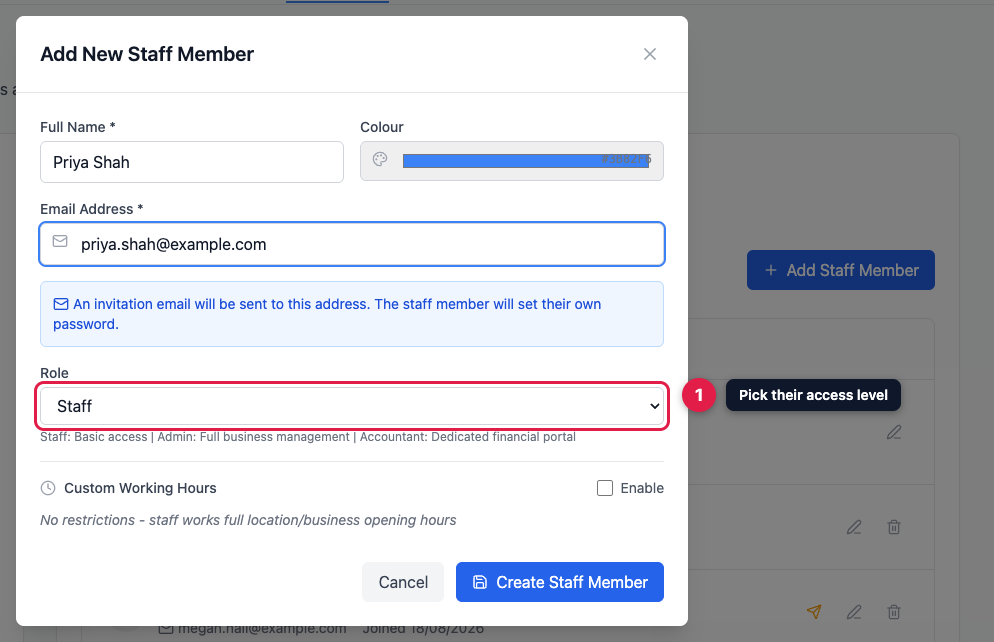 The role dropdown in the Add New Staff Member window