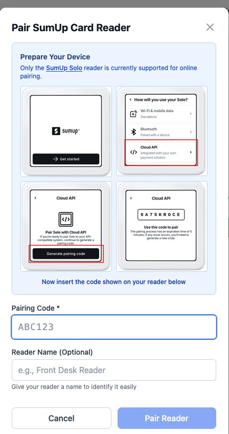The Pair SumUp Card Reader window showing the four device steps, the pairing code box and a name box