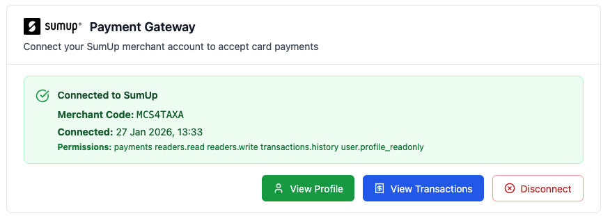 The Payment Gateway panel showing a connected SumUp account with merchant code, connection date and permissions