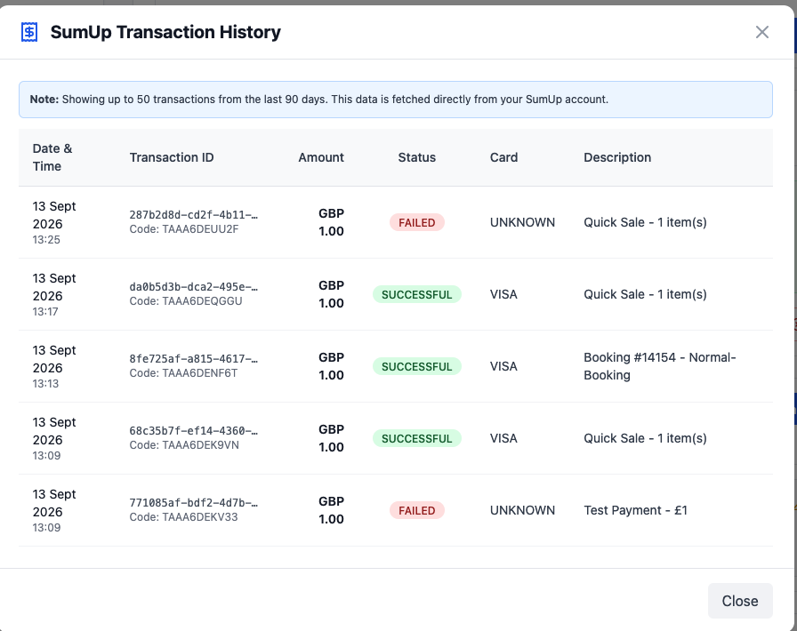 The SumUp Transaction History window listing recent card payments with their status and description