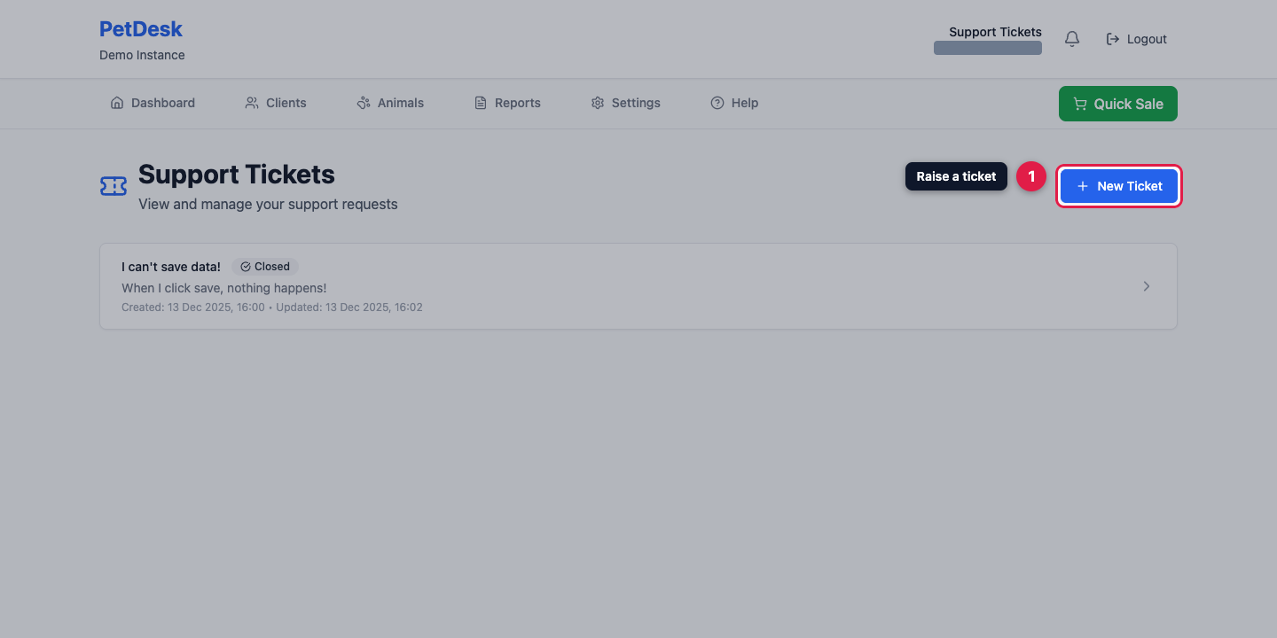 The support tickets page listing previous tickets with a New Ticket button