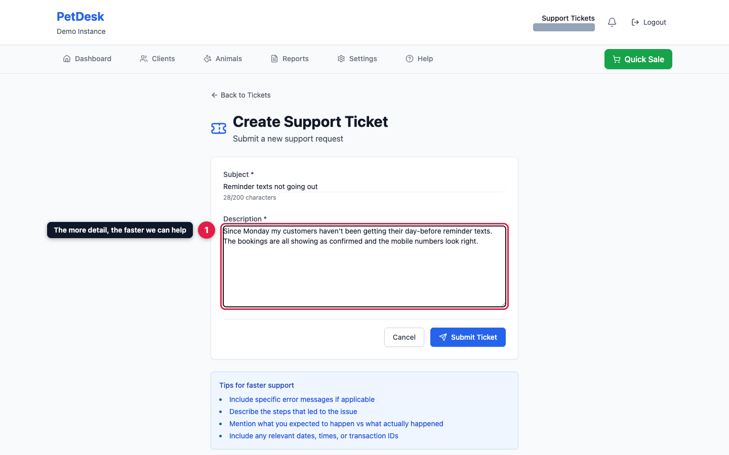 The new support ticket form with a subject and description