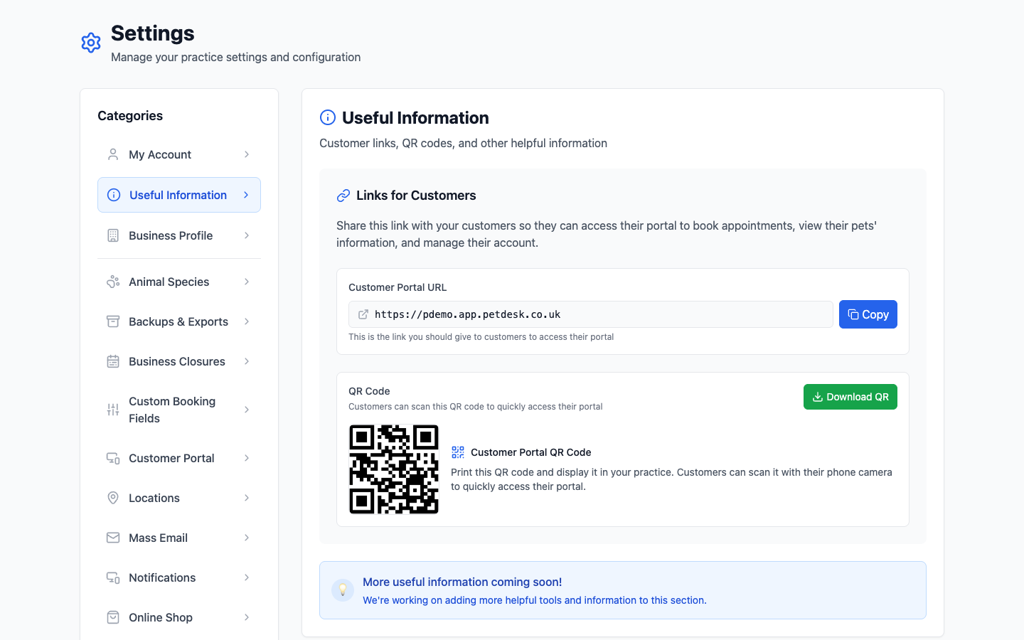 The Useful Information settings page showing the customer portal URL with a Copy button and a QR code with a Download QR button