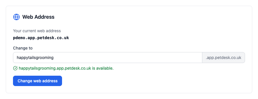 The web address box showing happytailsgrooming with a green tick confirming it is available