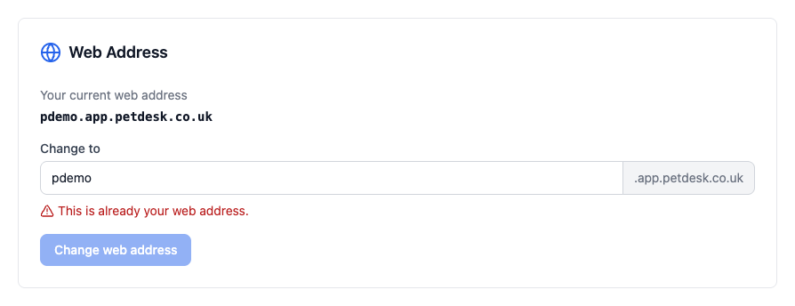 The web address box showing a name that is already in use