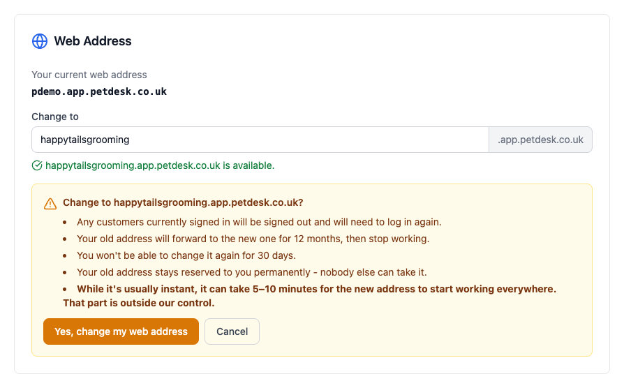 The confirmation panel listing what changes when you move web address, with Yes change my web address and Cancel buttons