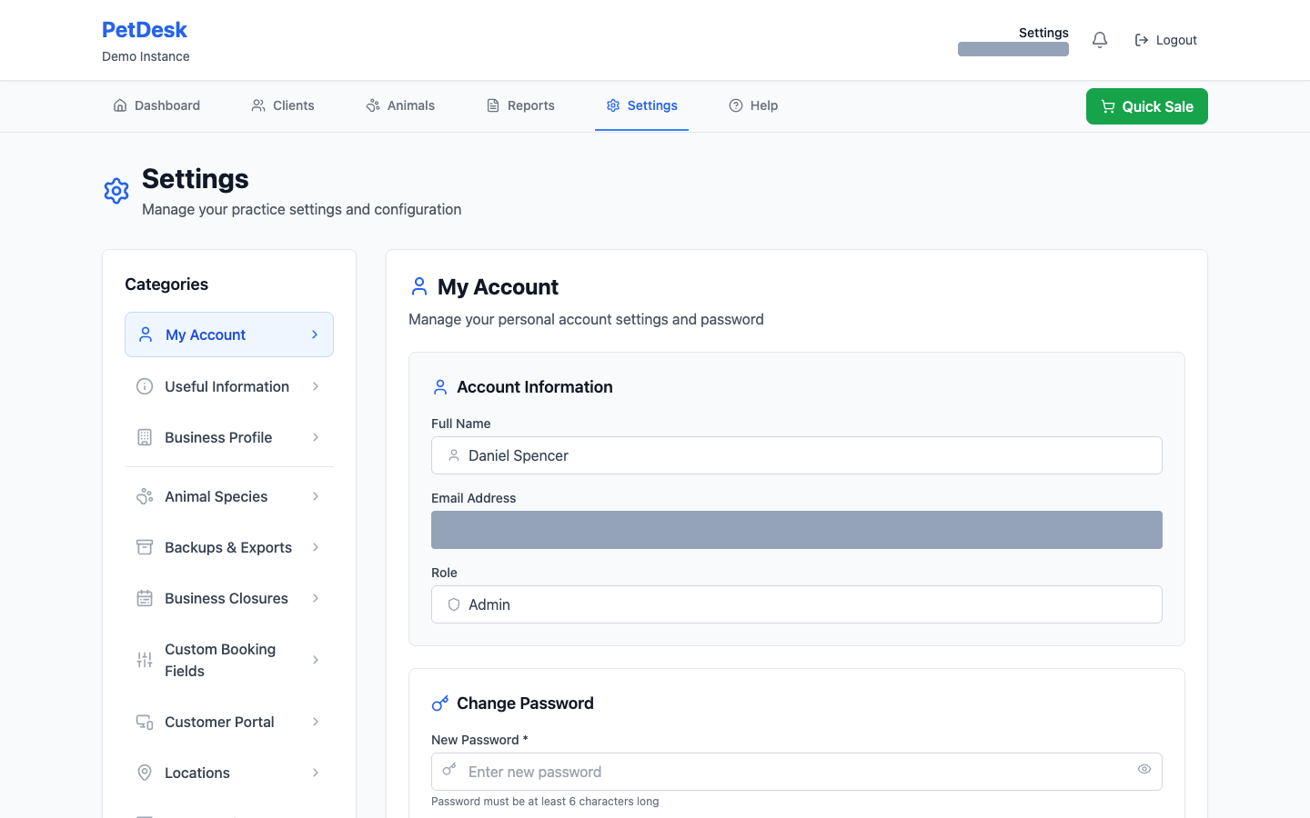 The Settings page with the category list down the left and My Account open on the right