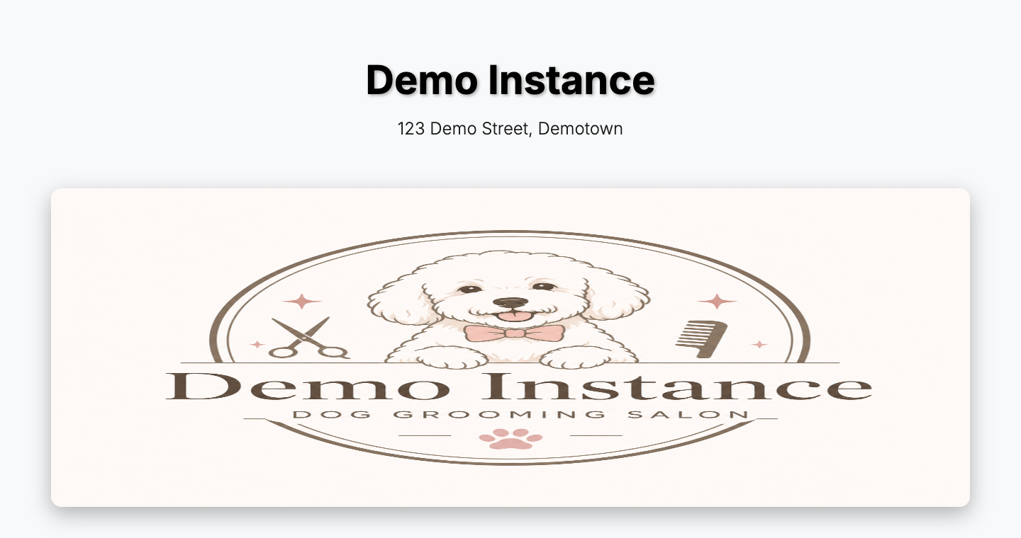 A tenant's public PetDesk website showing the business name, address and logo