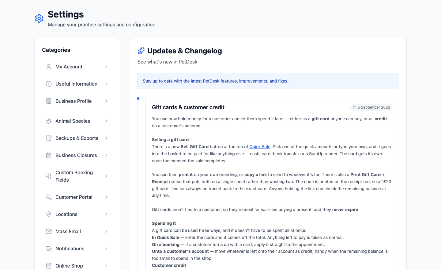 The Updates and Changelog page showing a dated entry describing a new feature in detail